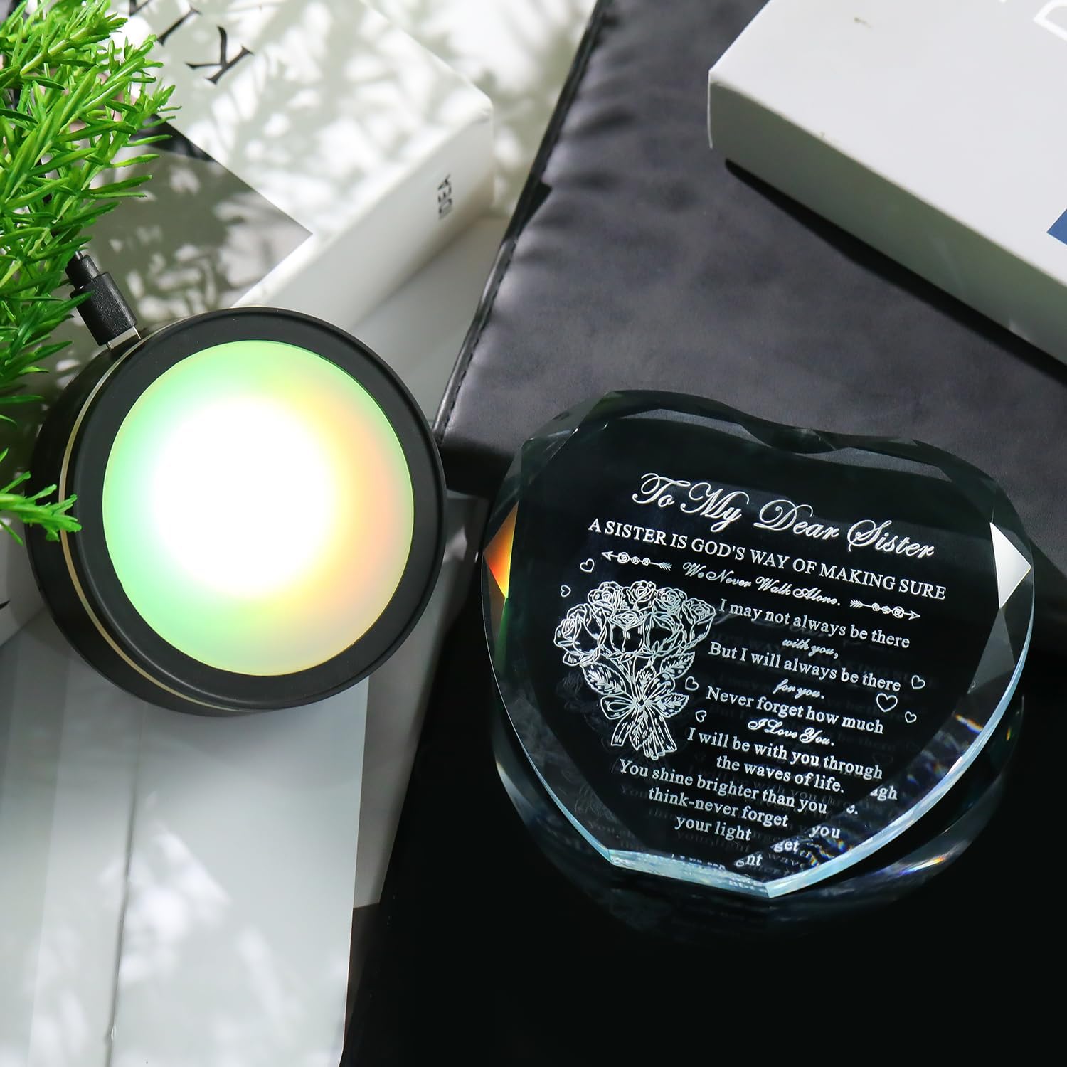 BLUEBOOK Sister Christmas Gifts from Sisters, Heart-shaped Crystal Plaque with Multicolor LED Base, Unique Birthday gift, Glass Laser Engraving, Sisterhood Keepsake Gift - Image 7