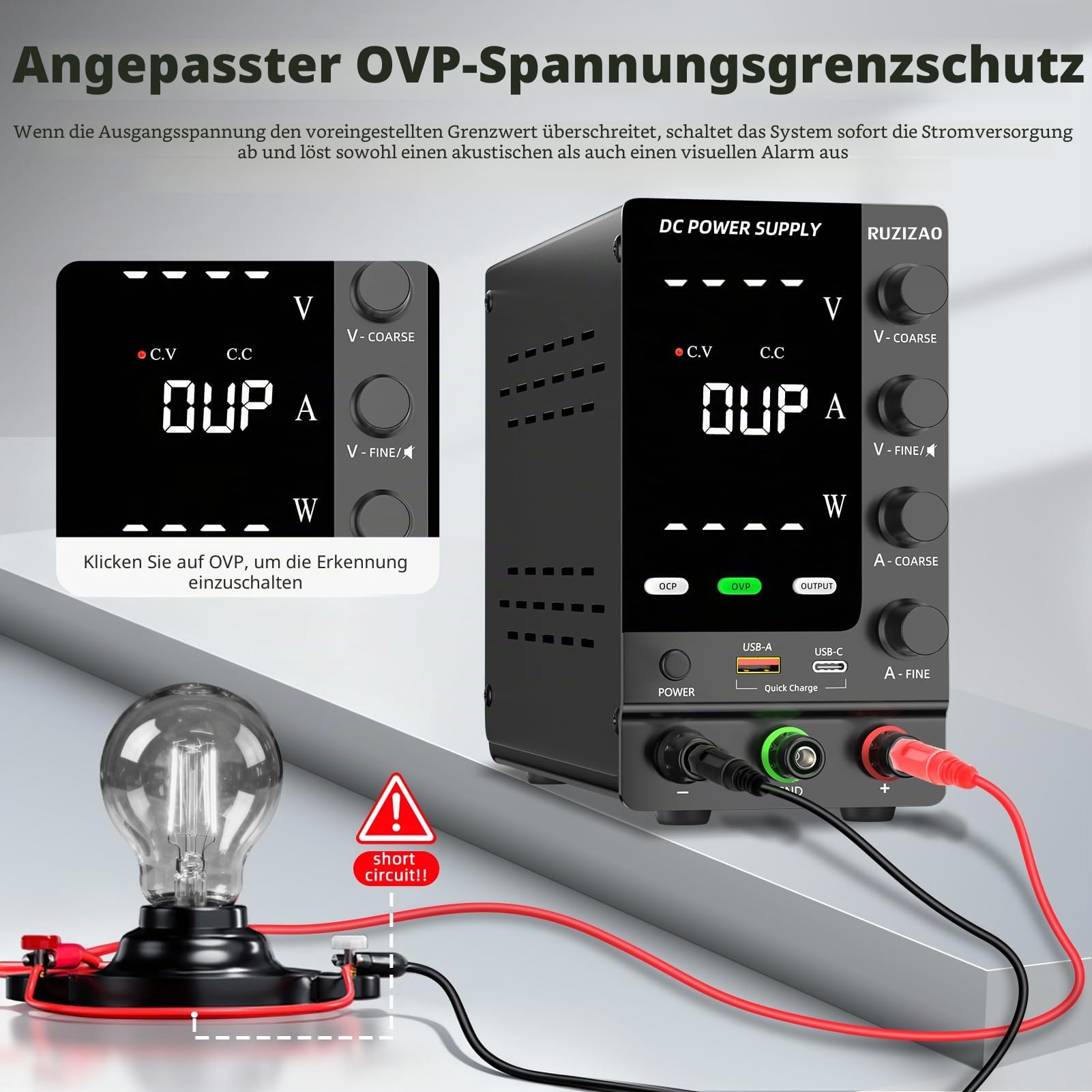 Labornetzteil 120V 3A, Einstellbares Labornetzgerät mit OCP/OVP, Ausgangsschalter und Encoderregelung, DC-Schaltnetzteil 18W USB-A/Typ-C Schnellladeschnittstelle/Prüfung/Wartung/Galvanik