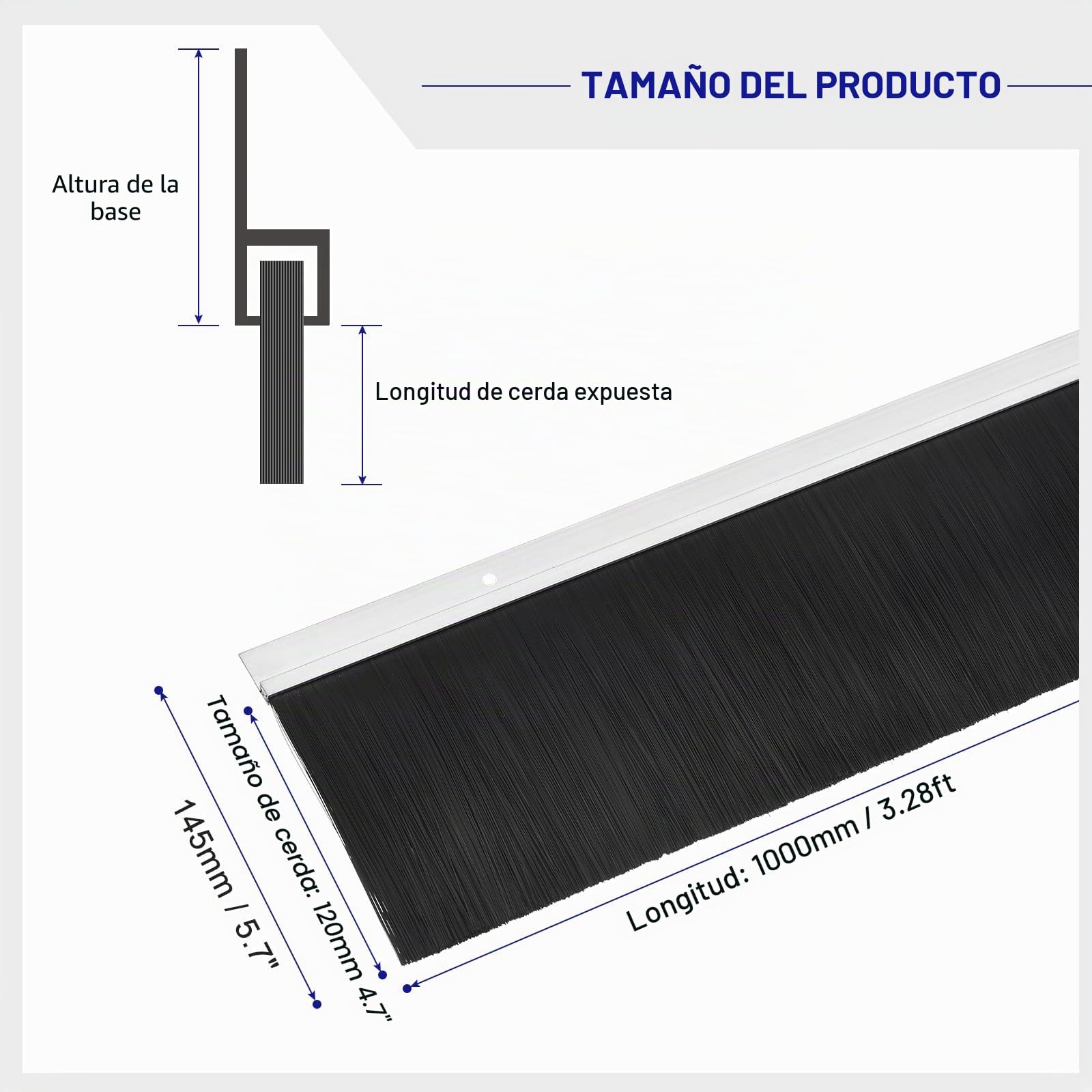 sourcing map 2Pcs Cepillo de Puerta con Base de Aleación de Aluminio en Forma de H y Cerdas de Nylon de 120mm para Hogar, Industrial (1000mm L x 145mm W, Plata)