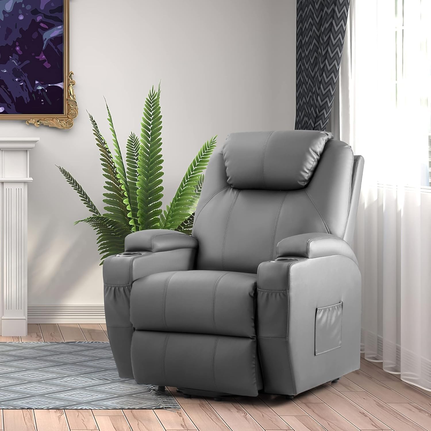 Oversized Electric Infinite Position Dual Motor Power Lift Recliner Chair for Elderly, Faux Leather Lay Flat Sofa with Heat and Massage, Side Storage, Cup Holders, and USB Charging Ports