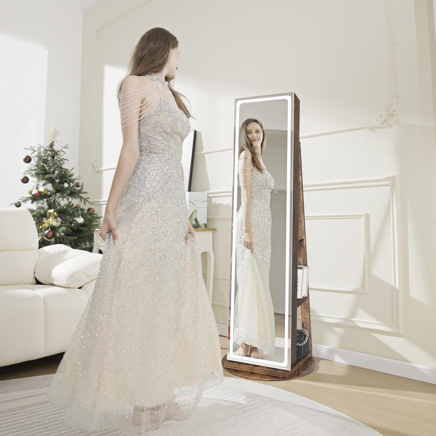 Mirror Jewelry Cabinet Standing, Jewelry Armoire with Full-Length LED Mirror and Adjustable Lights, 360° Swivel Jewelry Organizer Storage