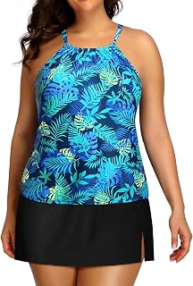 Yonique Women Two Piece Plus Size Tankini with Skirt Tummy Control Bathing Suits High Neck Swimsuits, Blue Leaf and Black,... Price In India