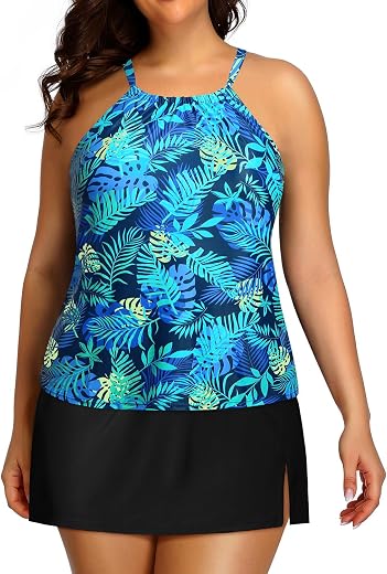 Yonique Women Two Piece Plus Size Tankini with Skirt Tummy Control Bathing Suits High Neck Swimsuits, Blue Leaf and Black,...