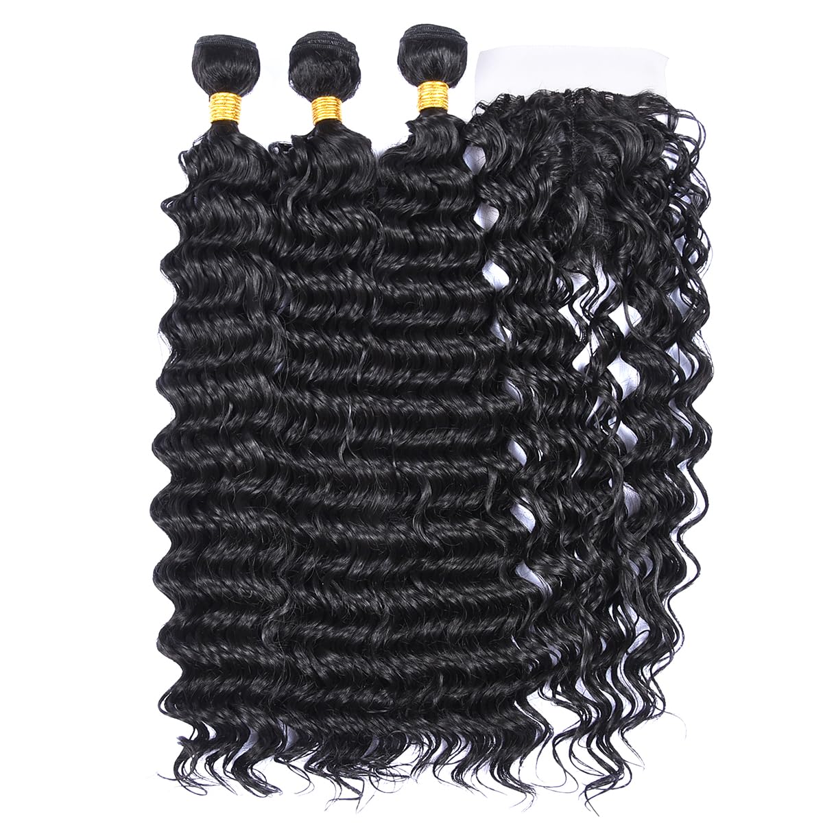 Luovce Synthetic Hair Extension Deep Wave Synthetic Hair Weave Bundles 3 Bundles 22 inches with one Closure 230 Grams 1B Colour