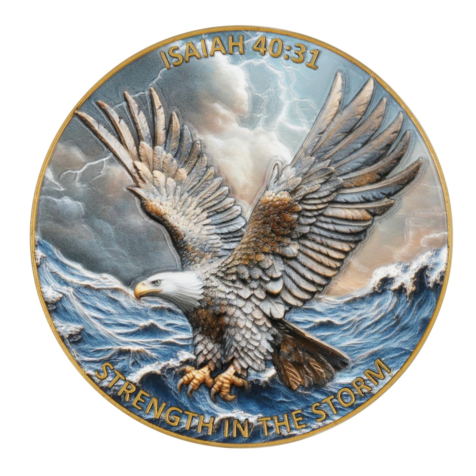 1.57 Inch Zinc Alloy Double-Sided 3D Eagle Challenge Coin - Colorful Inspirational Design with Isaiah 40:31, Strength in The Storm Theme