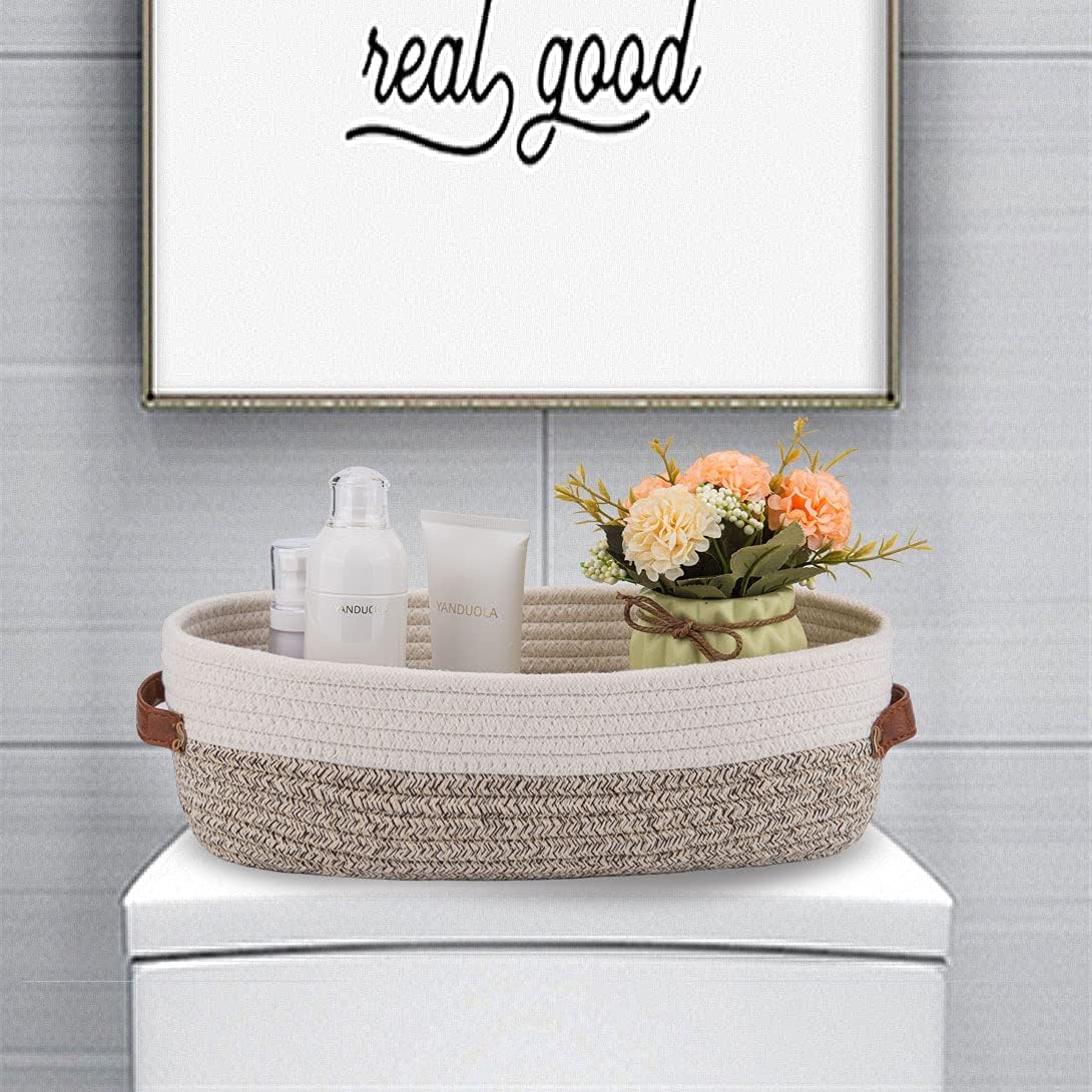 Woven Storage Basket for Toilet Tank Top,Farmhouse Home Decor Organizing Basket for Bathroom,Table and Counter 13"x5.9"x4" Apricot Stitching White image 3