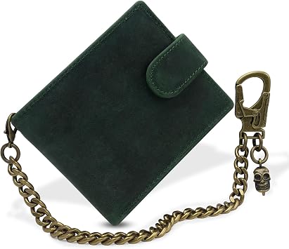 Ahiller Chain Wallets for Men Crazy Horse Leather Bifold Biker Wallet Green