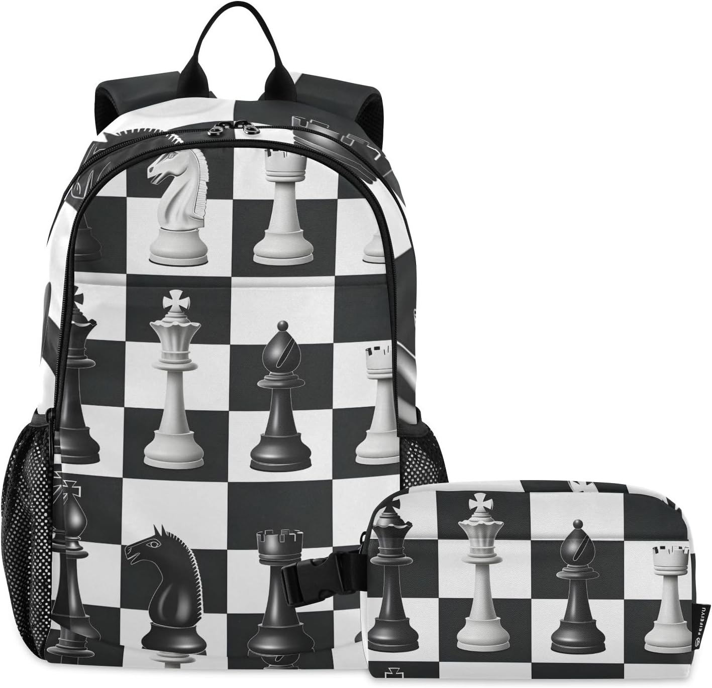 Kids Backpack White and Black Chess Pattern Boys Girls School Backpack with Lunch Bag Bookbag Set