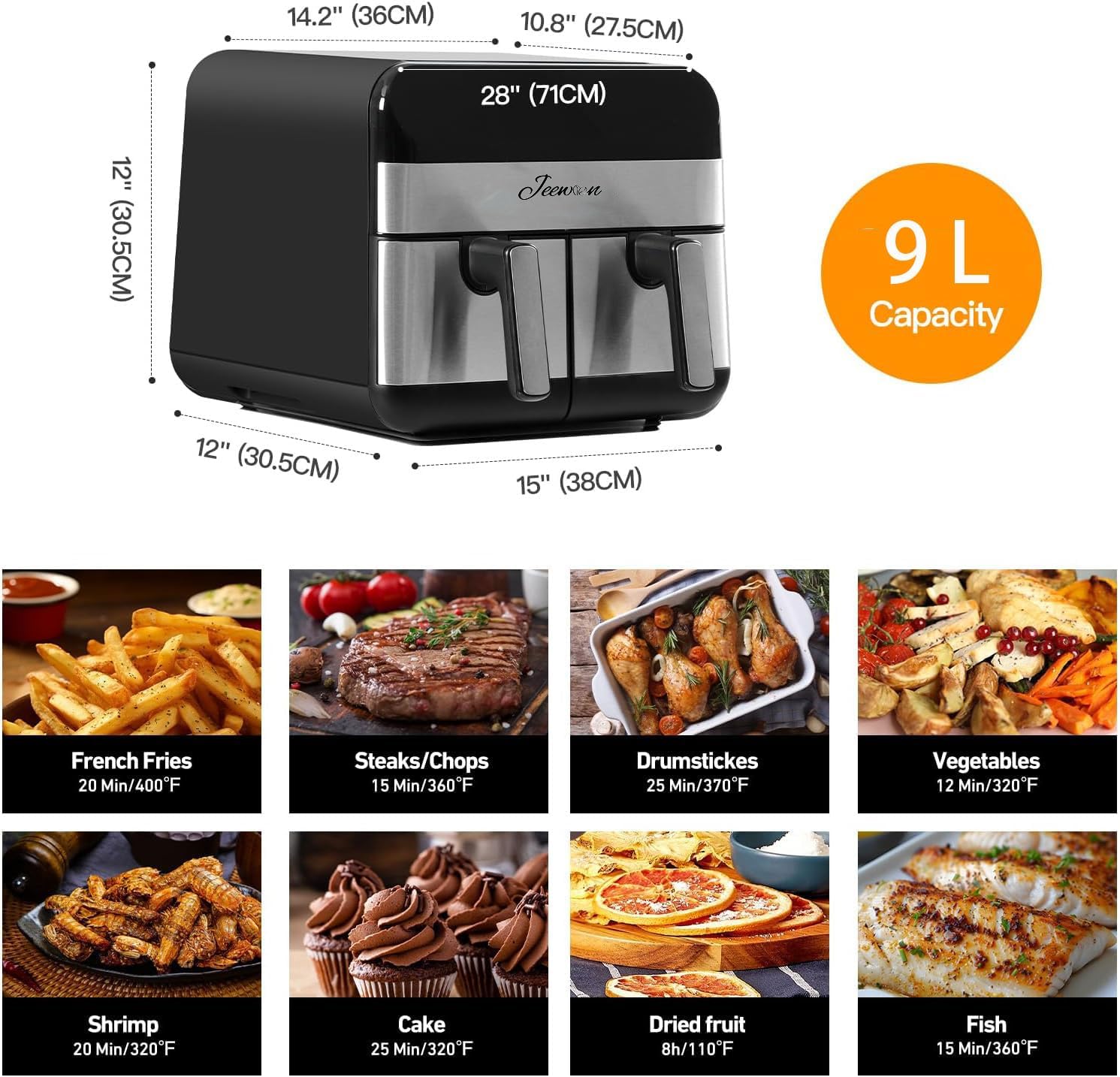 مقلاة هوائية مزدوجة من الفولاذ المقاوم للصدأ | 9 لتر و8 برامج ... - view 3