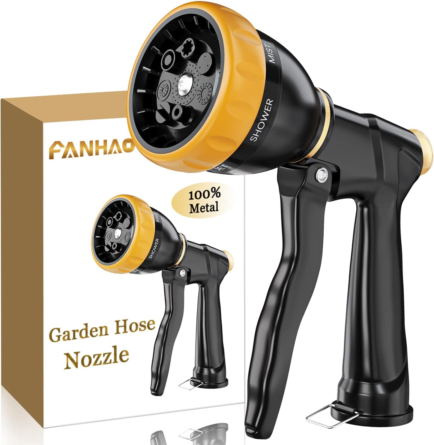 FANHAO Garden Hose Nozzle Sprayer, 100% Heavy Duty Metal Spray Nozzle with 7 Spray Patterns, High Pressure Water Hose Nozzle, Best for Watering Plant & Lawn, Washing Car & Pet