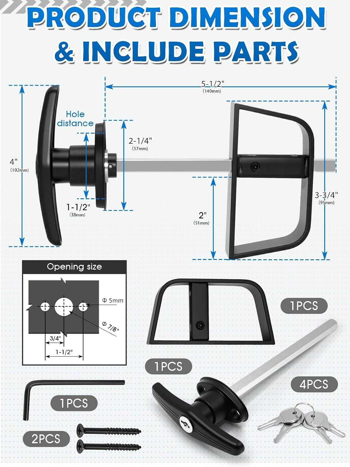 Shed Door T-Handle Lock Latch Kit with 4 Keys, Shed Barn Coop Storage Door T-Lock Set, Adjustable 5-1/2" Stem, with Spring Loaded Gate Pin Bolt Latch - 1 Lock+2 Latch