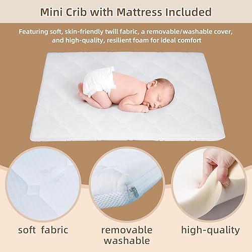 Miniatura 6 de Mini cuna convertible  Moisés portátil con colchón incluido, cuna de bebé de 3 alturas con lado que se abre para habitación pequeña y recién nacidos