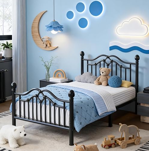 Miniatura 3 de Base de cama de metal tamaño individual con cabecero y estribo clásicos, marco de cama de plataforma para niños, soporte de listones de metal