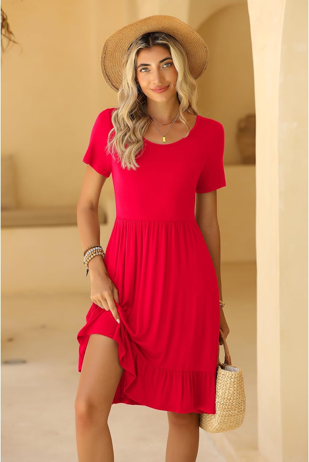 LILBETTER Round Neck Knee Length Dress for Women with Pockets Casual Summer Short Sleeve Pleated Ruffle Hem Short Dress - Image 3