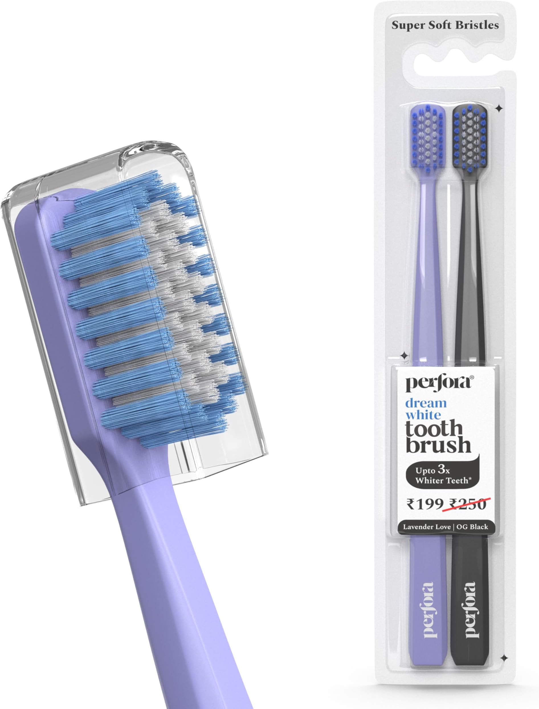 Perfora Dream White Toothbrush For Kids & Adults | With Smart Indicator Bristle | Super Soft Bristles For Sensitive Teeth | Tooth Brush Combo Pack Of 2 | Lavender Love & OG Black