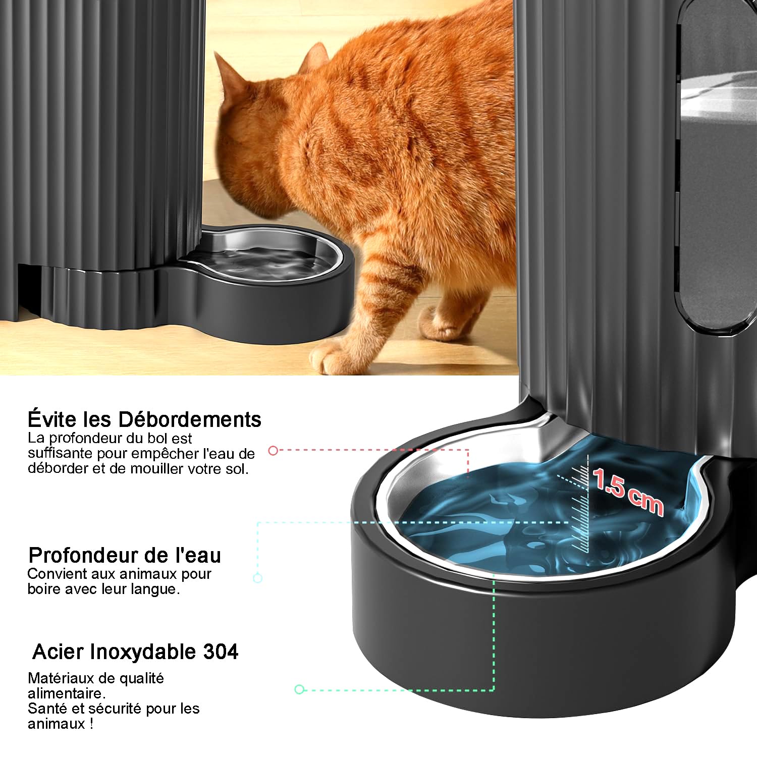 Gardner Pet 2-en-1 Distributeur Croquettes Chat Automatique 3L*2, Distributeur Eau Chat et Chien par Gravité, Mangeoire avec Gamelle Acier Inoxydable, sans BPA, Angle Réglable,Non Électrique, Gris