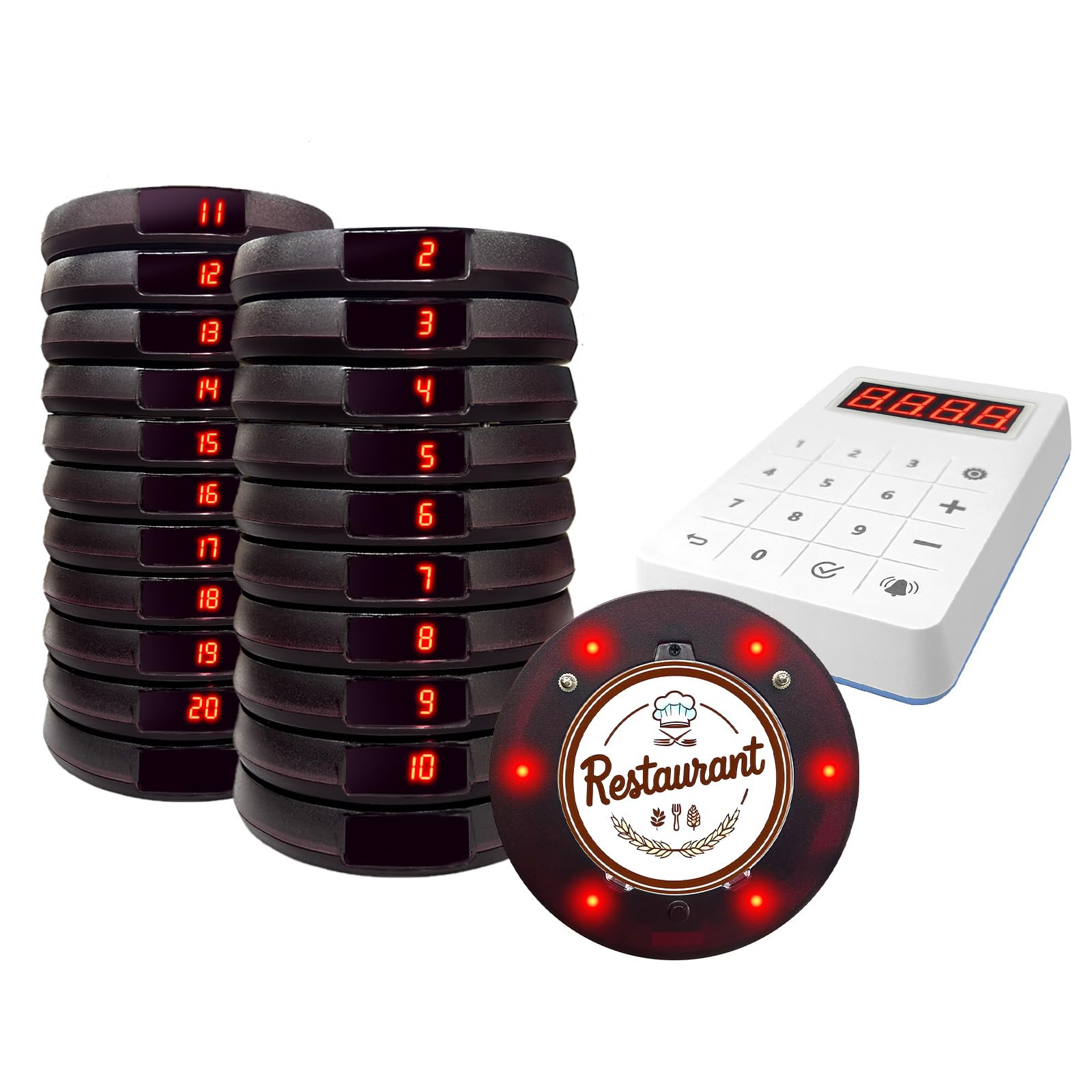 Pager Rufsystem, 400M Pager Gastro, 20 Pagers, 300mAh Akku, 999 Kanäle, Pager System für Restaurants, Imbisswagen, Kirchenkindergärten, Cafés, Bar