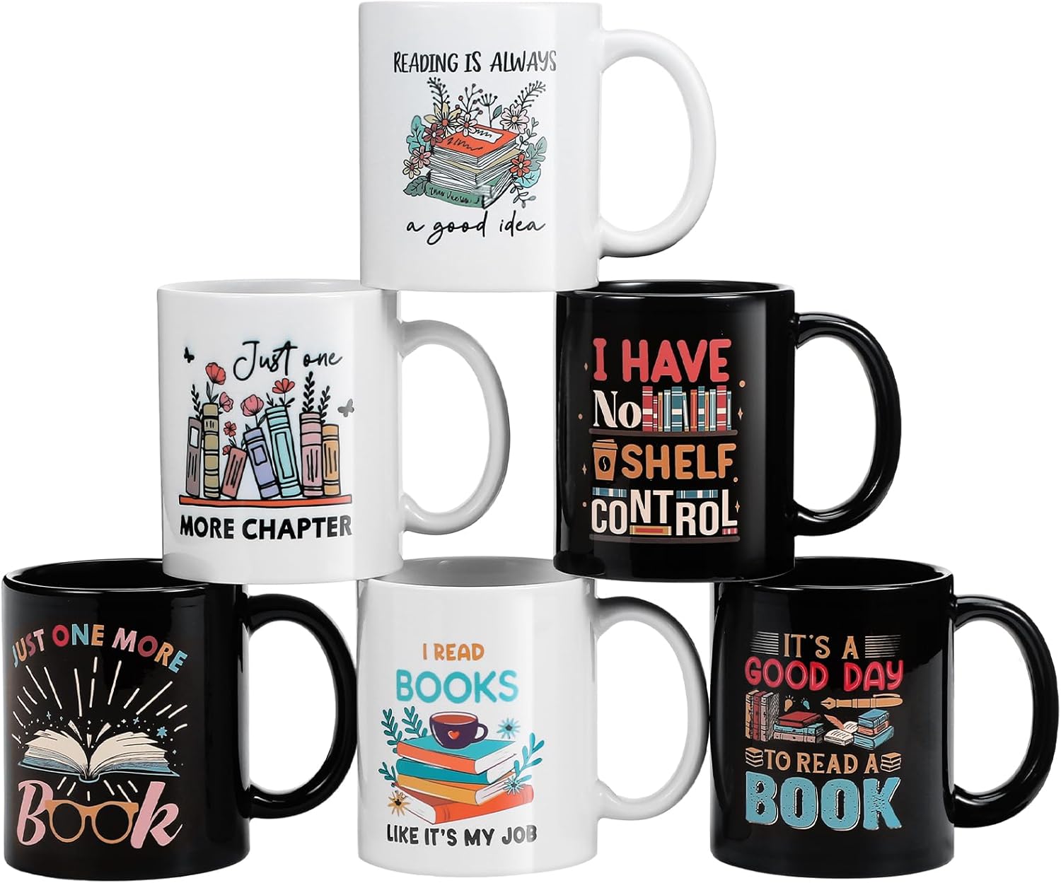 Reallnaive 6 Pack Book Lover Coffee Mugs 11oz Ceramic Tea Cups with Funny Reading Quotes Literary Gifts for Bookish Librarians Teachers Readers Book Club Library Lovers