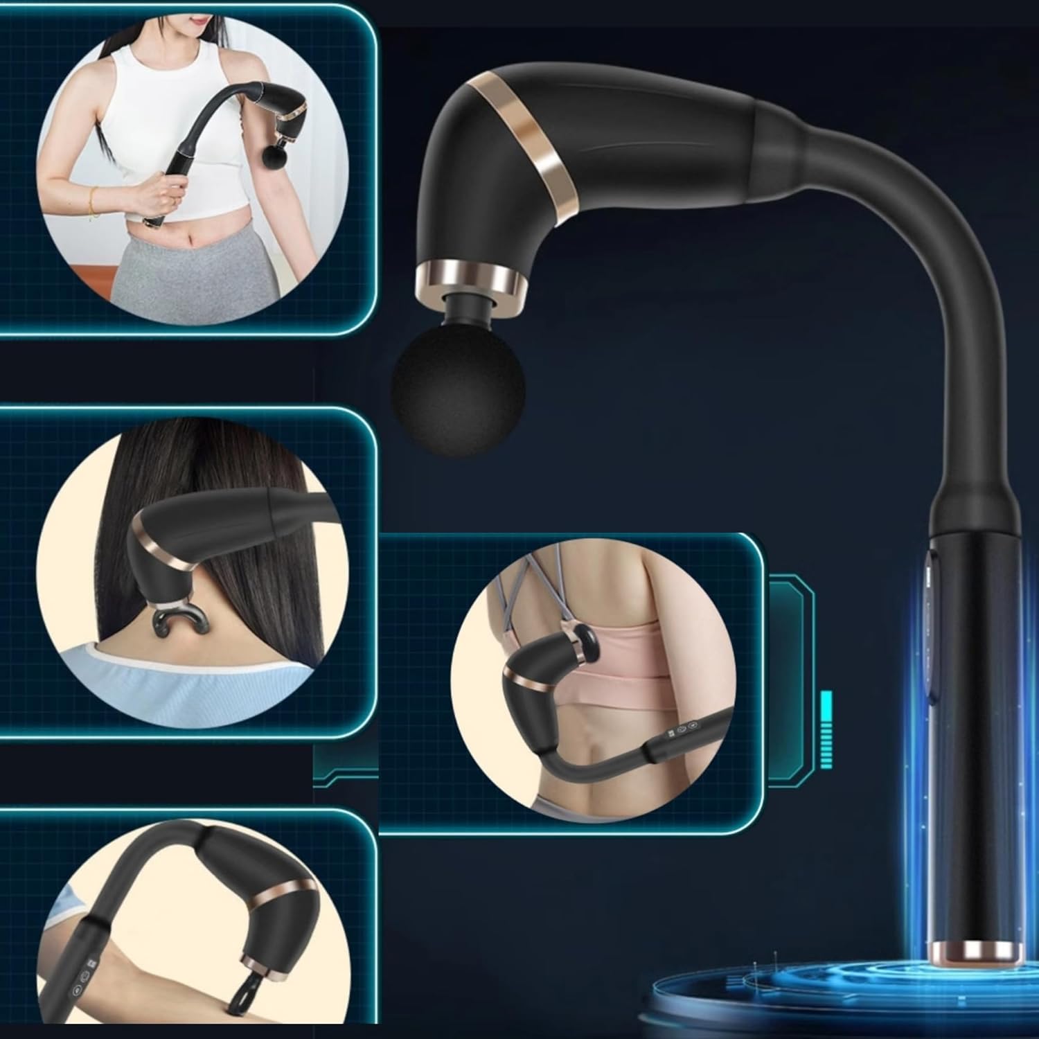 Handle 4 Professional Level Massage Heads, 1 Pack, Black with Portable Facial Gun Body Massage Handle 4 Professional Level Massage Heads, 1 Pack, Black with Portable Facial Gun Body Massage