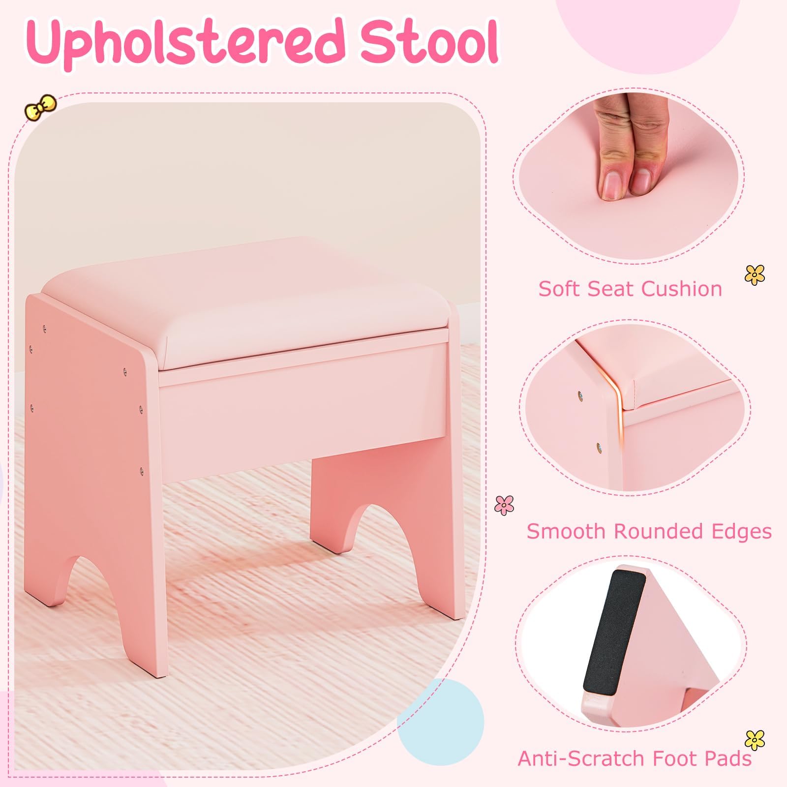 FANTASK Kinderschminktisch Set, Schminktisch Holz mit Spiegel, Regalen & gepolstertem Hocker, Frisiertisch mit Beleuchtung, Kosmetiktisch für Mädchen ab 3 Jahren (Rosa)