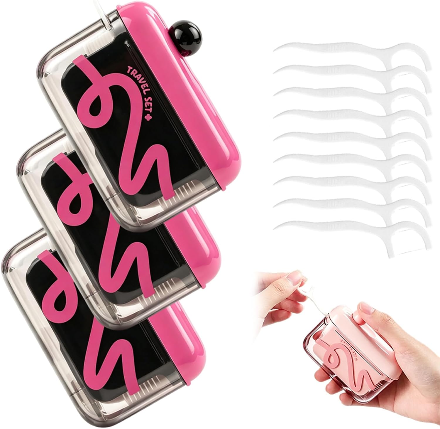 Automatic Pop-Up Portable Floss Dispenser with 50 Pcs Dental Floss for Purse, Pocket, Traveling, Dinner, Portable Refillable Dental Flosses Pick Dispenser Storage Case for Tooth Care (Black, 5 Packs)