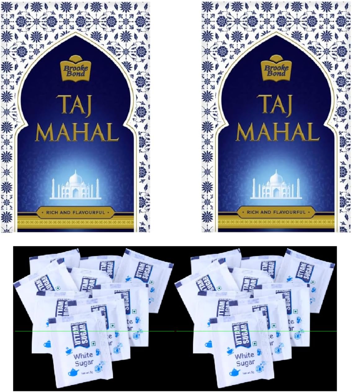 Taj Mahal Tea 250 Gram,(Pack Of 2) | Rich and Flavourful Chai - Premium Blend of Powdered Fresh Loose Tea Leaves + Premium Sugar Sachets Pack Of 72