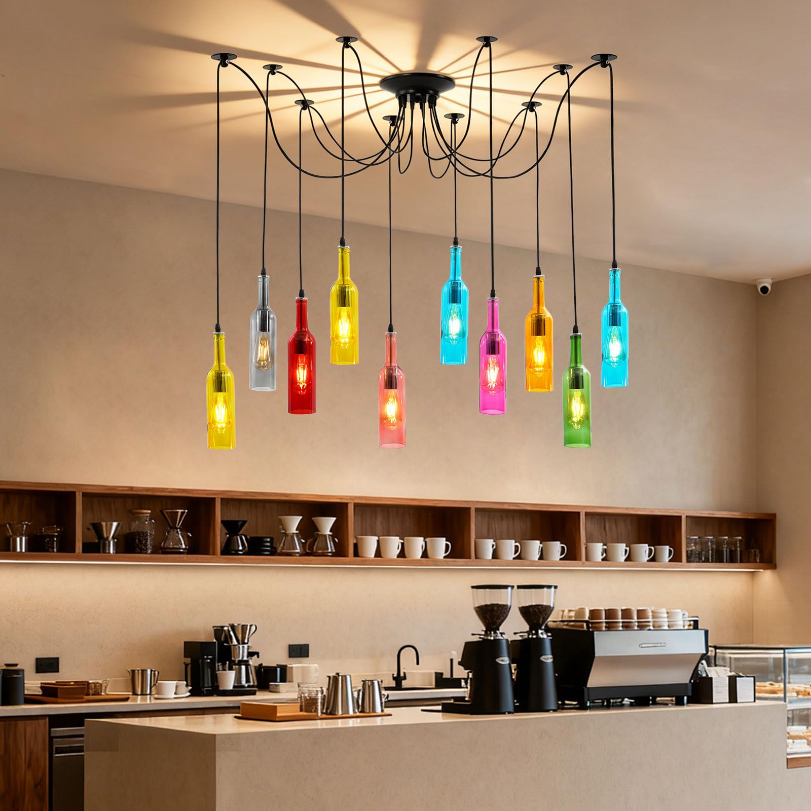 Lampadario a sospensione, stile retrò, in vetro, E27, 10 luci | Lampada a sospensione in vetro con altezza regolabile, ideale come lampada a sospensione per tavolo da pranzo per cucina