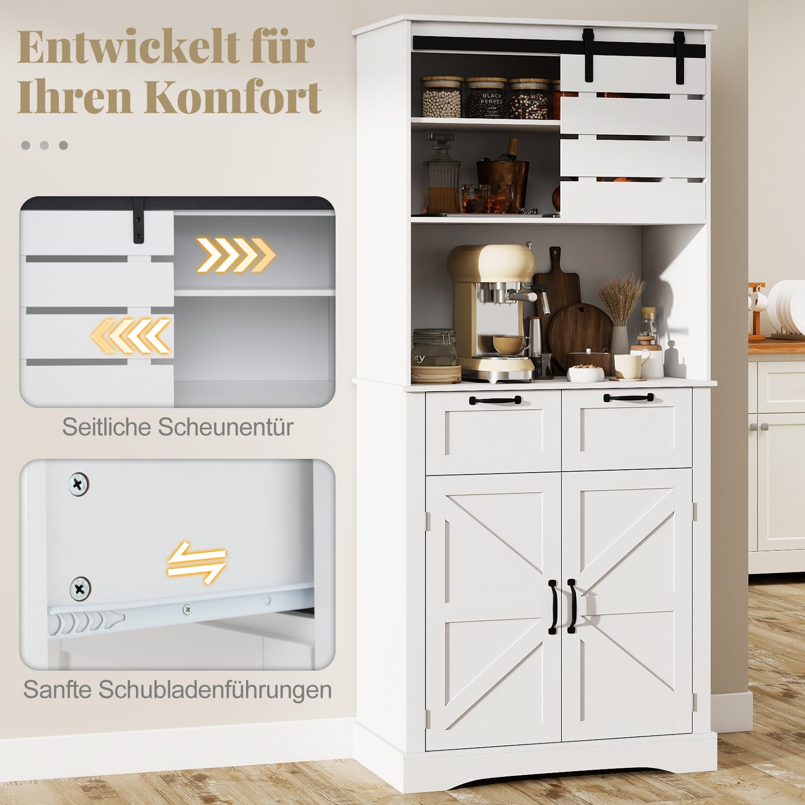 COSTWAY Küchenschrank Holz, Buffetschrank mit Steckdose, 2 Türen, 2 Schubladen & Arbeitsplatte, Hochschrank Vorratsschrank, Aufbewahrungsschrank für Küche & Wohnzimmer, 80 x 40 x 180 cm, Weiß