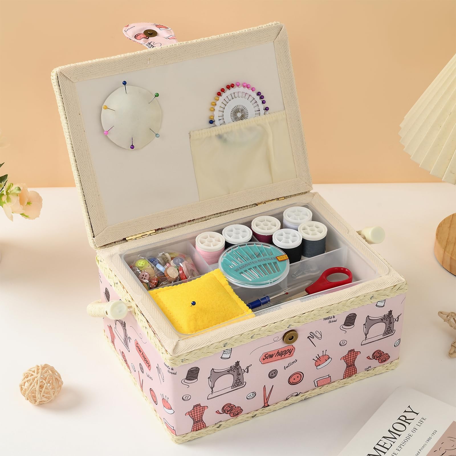 Cesta de costura, caja de costura mediana para suministros de costura, caja organizadora de costura, kit de costura, regalo de Navidad para entusiastas de la costura (rosa pastel)