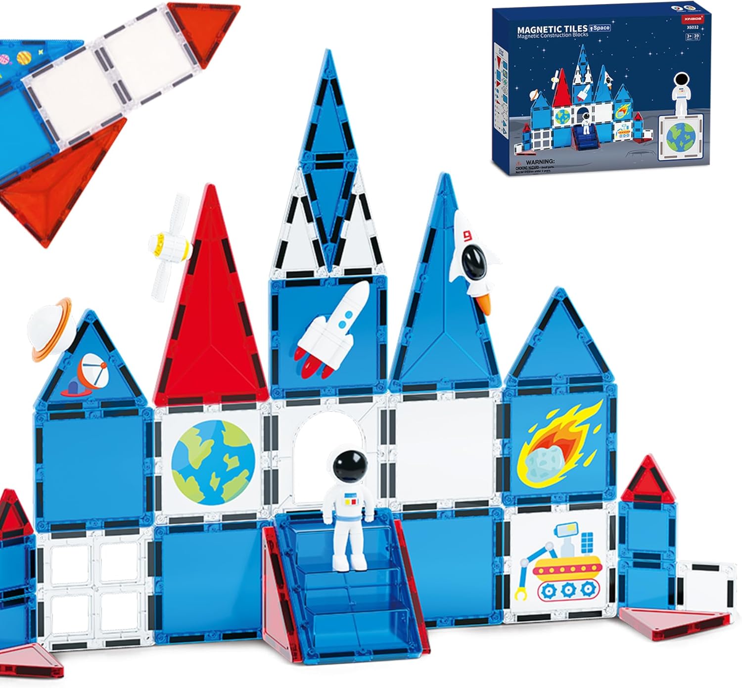 Space Exploration Magnetic Tiles (39PCS),STEM Building Set with Rocket & Astronaut,Preschool Learning Building Set for Ages 3-8, for Boys Girls (Satellite, Spaceship)