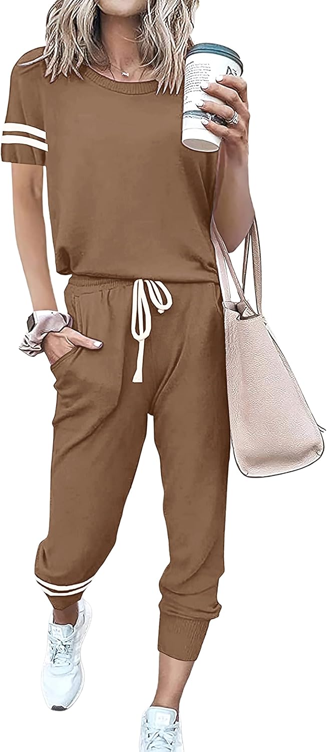 PRETTYGARDEN Women Summer Two Piece Outfits Striped Short Sleeve Pullover and Long Pants Tracksuit Travel Pajama Lounge Set