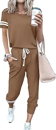 PRETTYGARDEN Womens Two Piece Outfits Striped Short Sleeve Pullover and Long Pants Tracksuit Pajama Lounge Jogger Sets