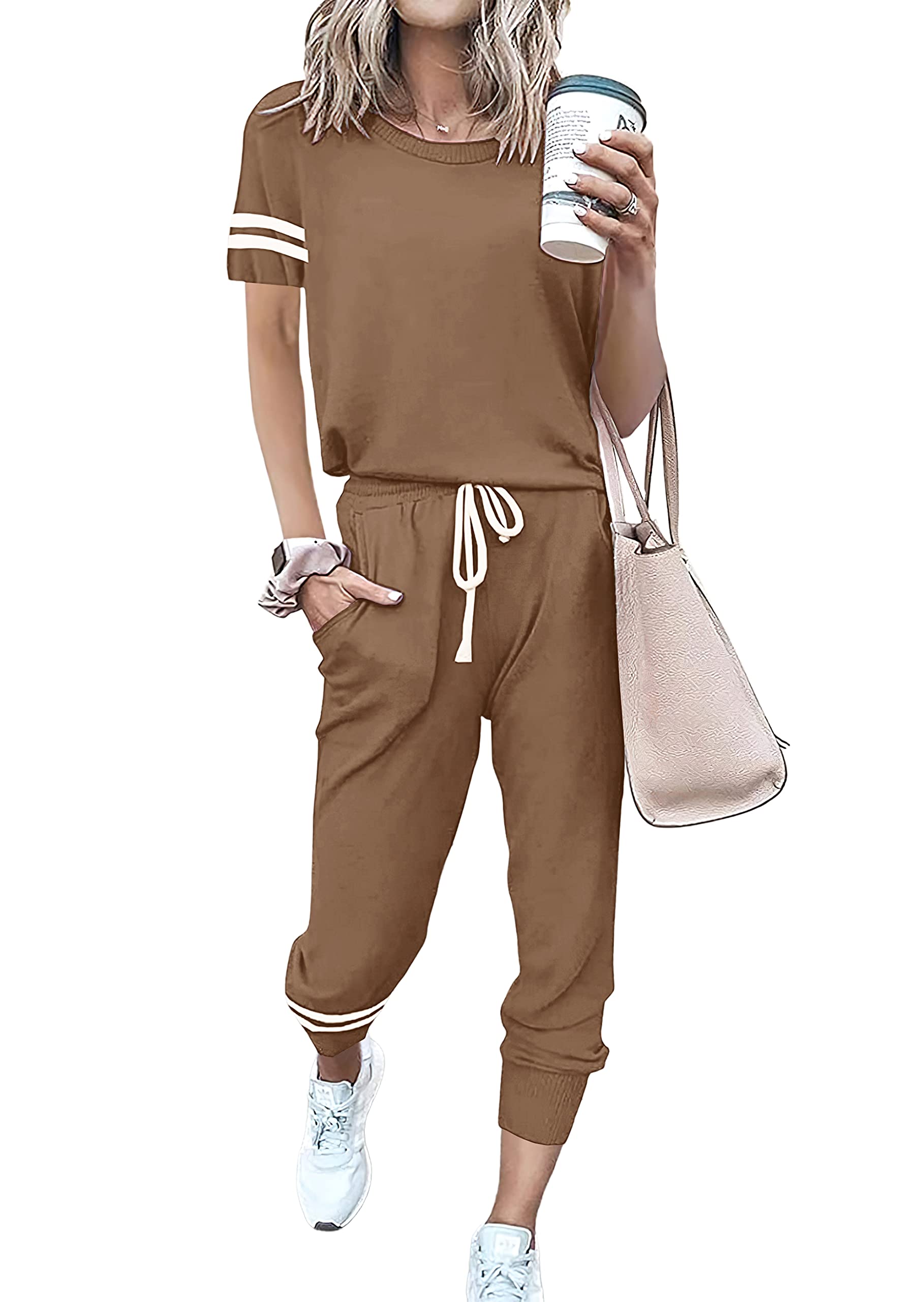 PRETTYGARDEN Women Summer Two Piece Outfits Striped Short Sleeve Pullover and Long Pants Tracksuit Travel Pajama Lounge Set