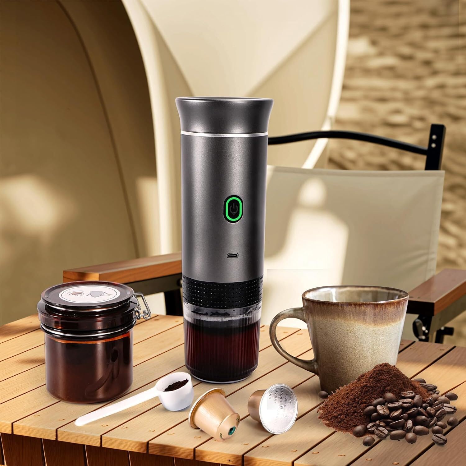 Espressna - Máquina de café expreso portátil 3 en 1 - Compatible con cápsulas Nespresso, Dolce Gusto y Café Picado, 20 Bar, Autocalentador, USB-C, 8,5 × 24,5 cm