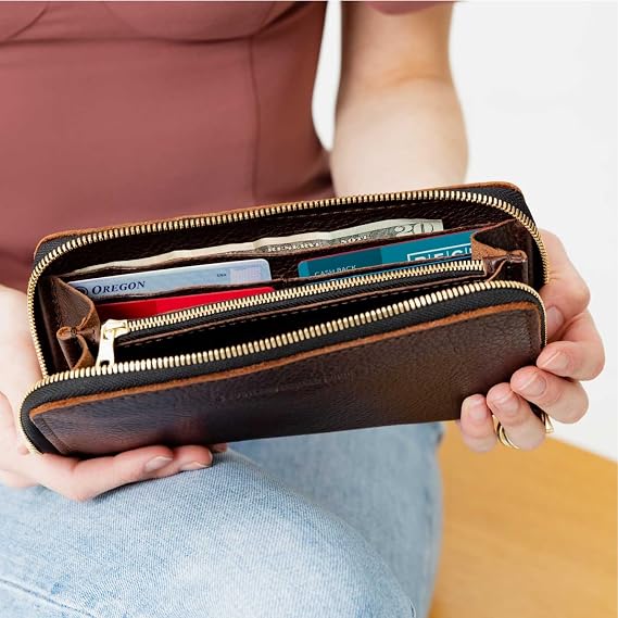 Portland Leather Goods Women's Accordion Zip Wallet, Coldbrew | Handcrafted in durable, full-grain leather, 8 card slots, secure zippered pocket