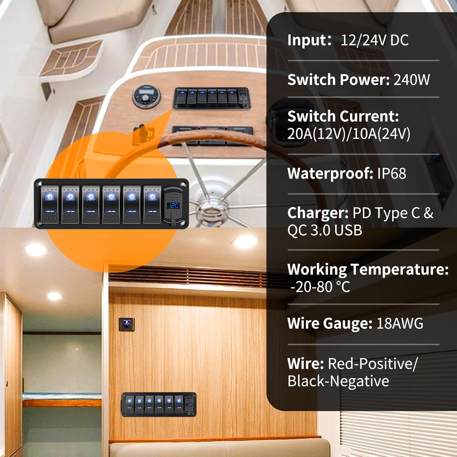 RVZONE 6 Gang 5 Pin Marine Boat Rocker Switch Panel with DC 12-24V LED Voltmeter PD Type C and QC 3.0 USB Fast Charging IP68 Waterproof Toggle Switch Panel for Boat Marine UTV Truck Car (Blue)