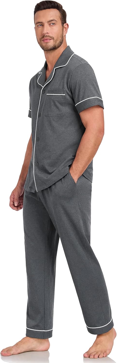 COLORFULLEAF 100% Cotton Mens Pajamas Set Short Sleeve Loungewear with Long Pants Button Down Sleepwear Soft Comfy Pj for Men - Image 7