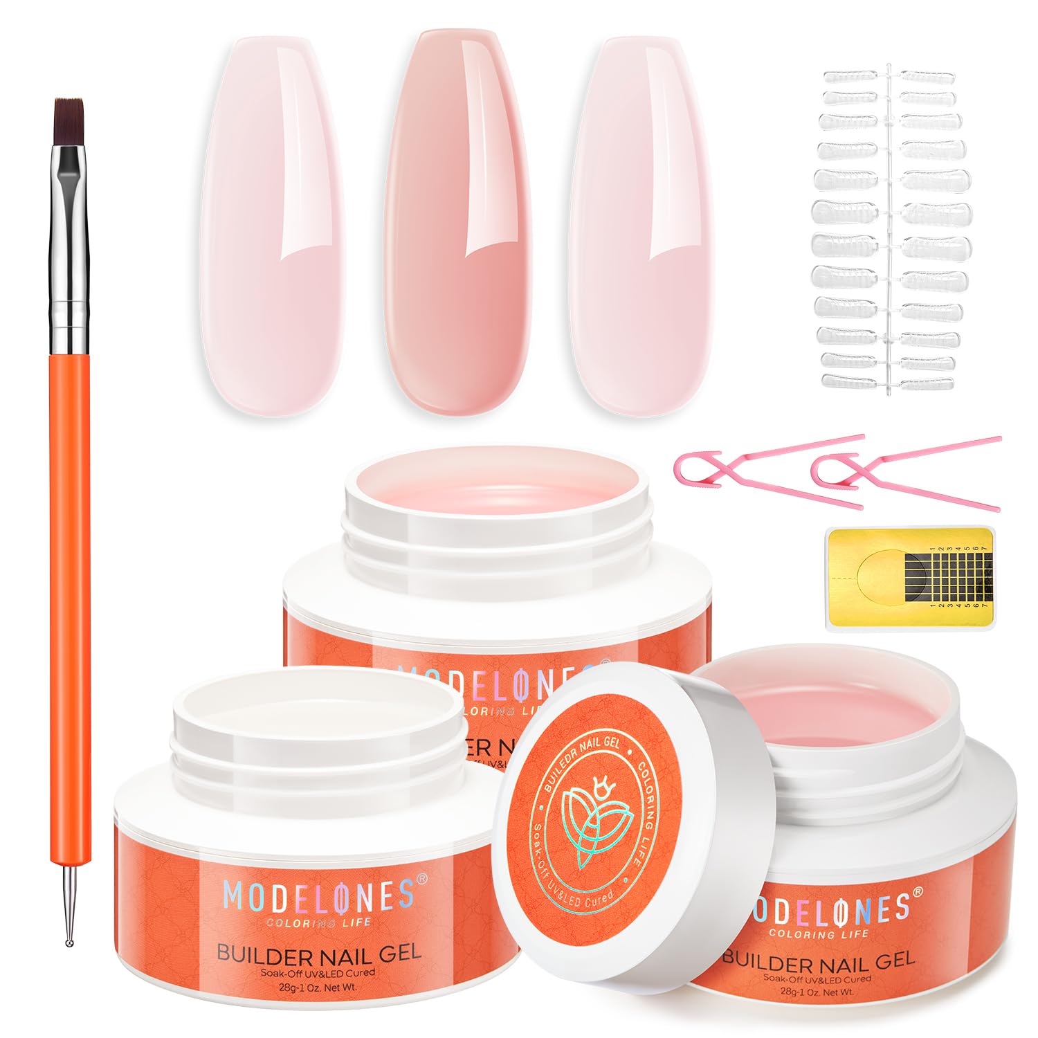 modelones Builder Nail Gel 3 Colors, Clear Nude Pink Builder Hard Gel Nail Kit with Dual End Brush, Acrylic Clamps, 100PCS Paper Forms for Building Sculpting LED Cured Extension Apex