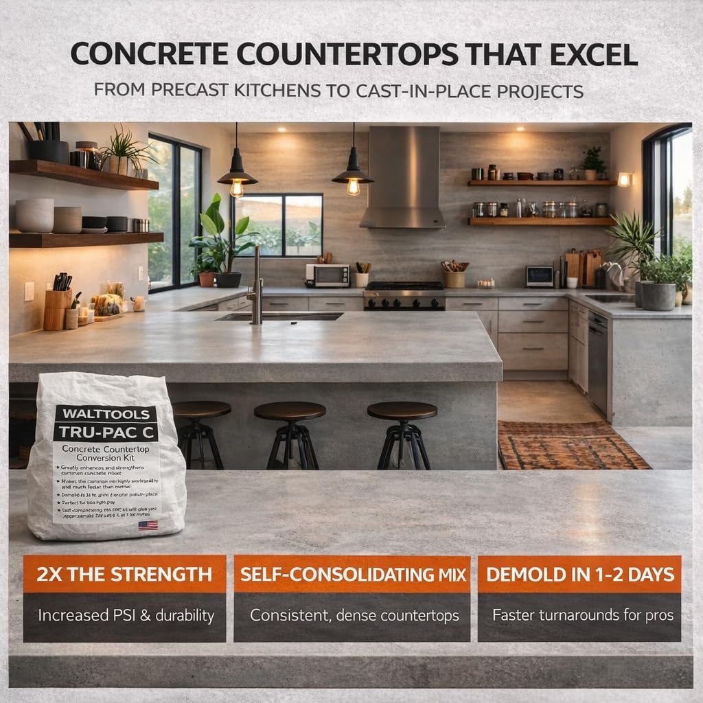 Countertop Conversion Kit High-Performance Mix TRU PAC C by Walttools for Cast-in-Place or Precast Counters, Strong, Convenient, Workable, Just Add Mix and Water