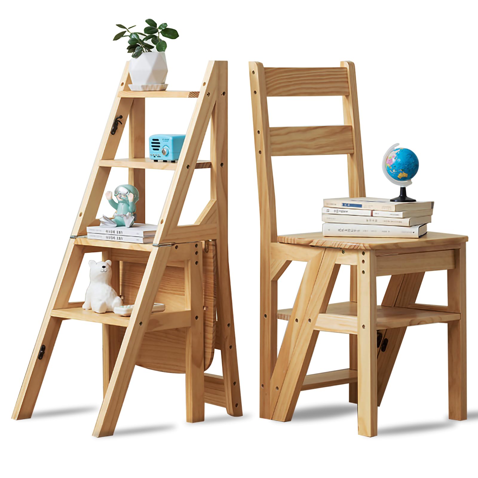 Escalera plegable de 4 peldaños, 2 en 1, escalera y silla plegable de madera, capacidad hasta 180 kg, adecuada para cocina, hogar, bibliotecas (color madera)