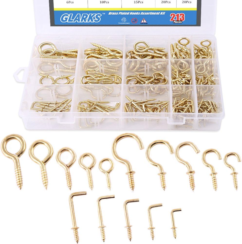 – Glarks 213-Pieces Brass Plated Screw Eyes & Screw-in Ceiling Cups Hooks & Square Bend Hooks Assortment Set Kit for Hanging