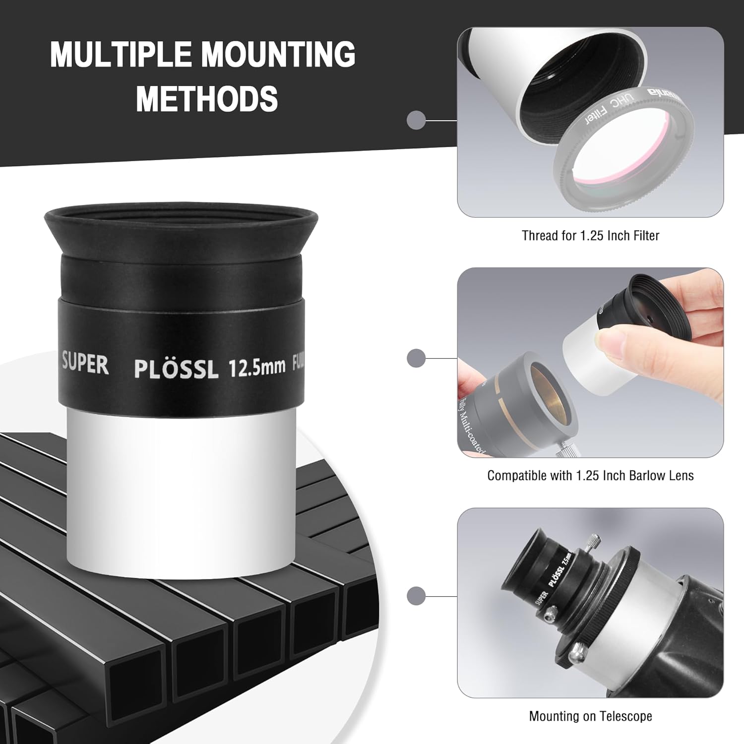 Astromania Telescope Eyepiece Set 1.25 Inch Super Plossl Eyepiece Set 7.5mm 12.5mm 32mm, 5 Element Fully Multi Coated Metal 52 Degree Apparent Field, Telescope Accessory Set for Astronomy Telescope