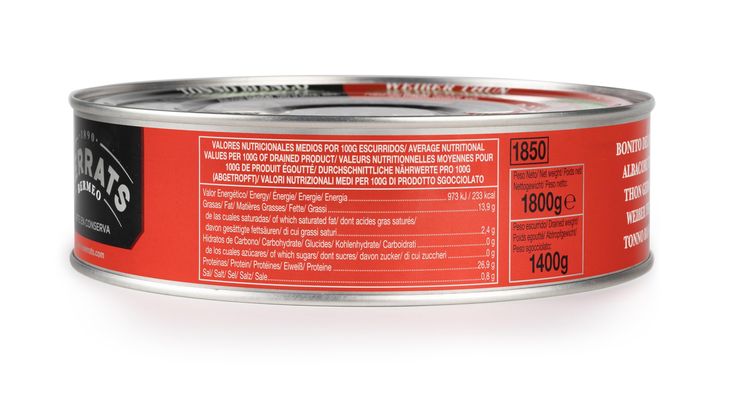 CONSERVAS SERRATS - Bonito del Norte del Cantábrico en Salsa con Pimentón - 4 Latas x 1800g (Total: 7200g) - Elaboración Artesanal desde 1890 - Sin Gluten - Rico en Omega 3