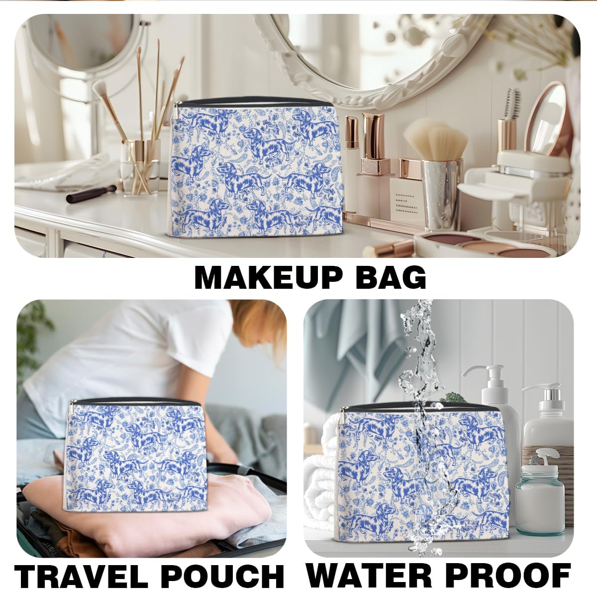 Blue Floral Dachshund Makeup Bag Humor Cosmetic Bags for Women Doxie Lovers Doxie Mom Gifts Chic Dachshund Makeup Pouch With Zipper Travel Toiletry Organizer Bag Purse - Image 6