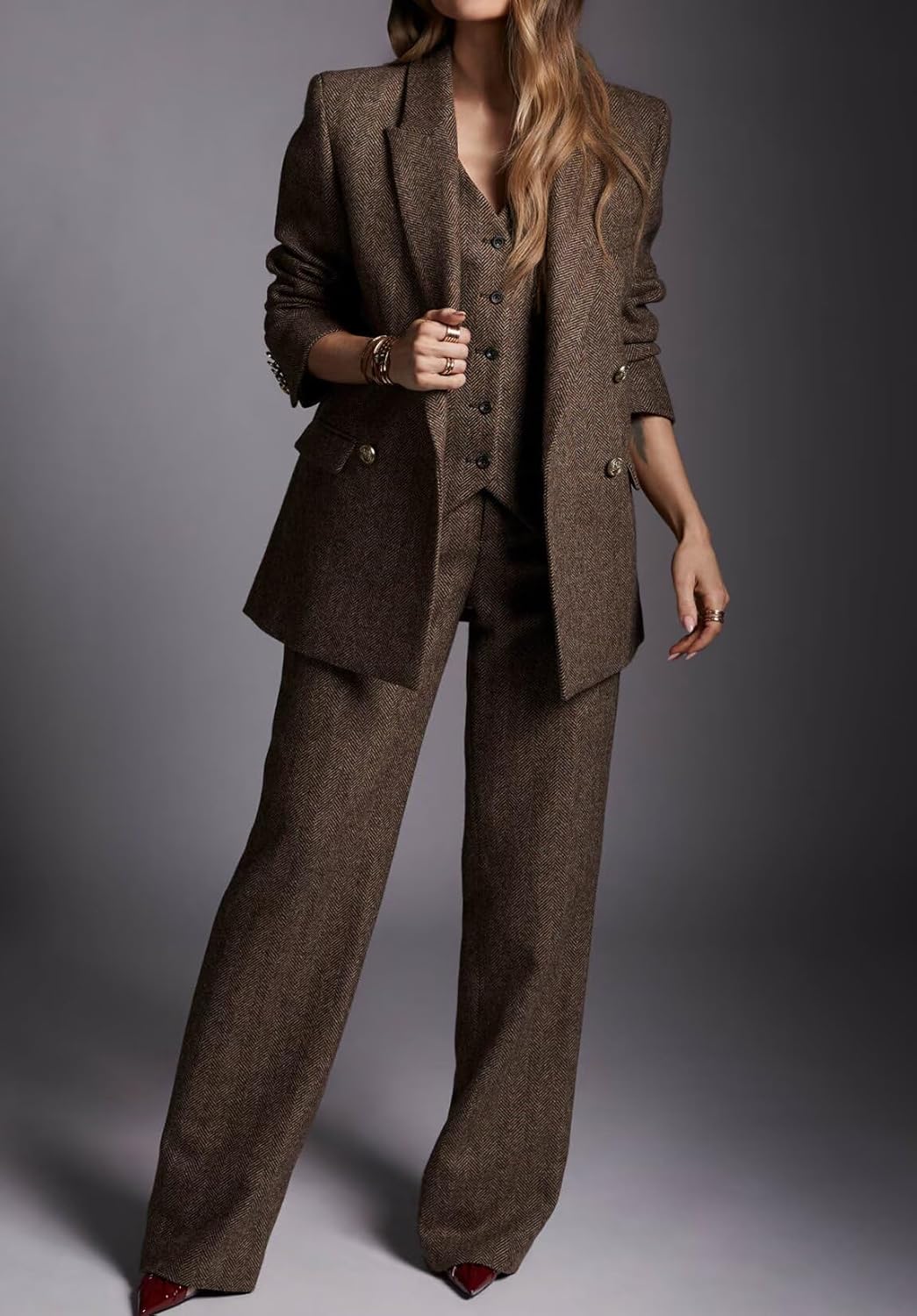 Women's Herringbone Tweed 3 Piece Suit Business Casual Office Work Outfits - Image 3