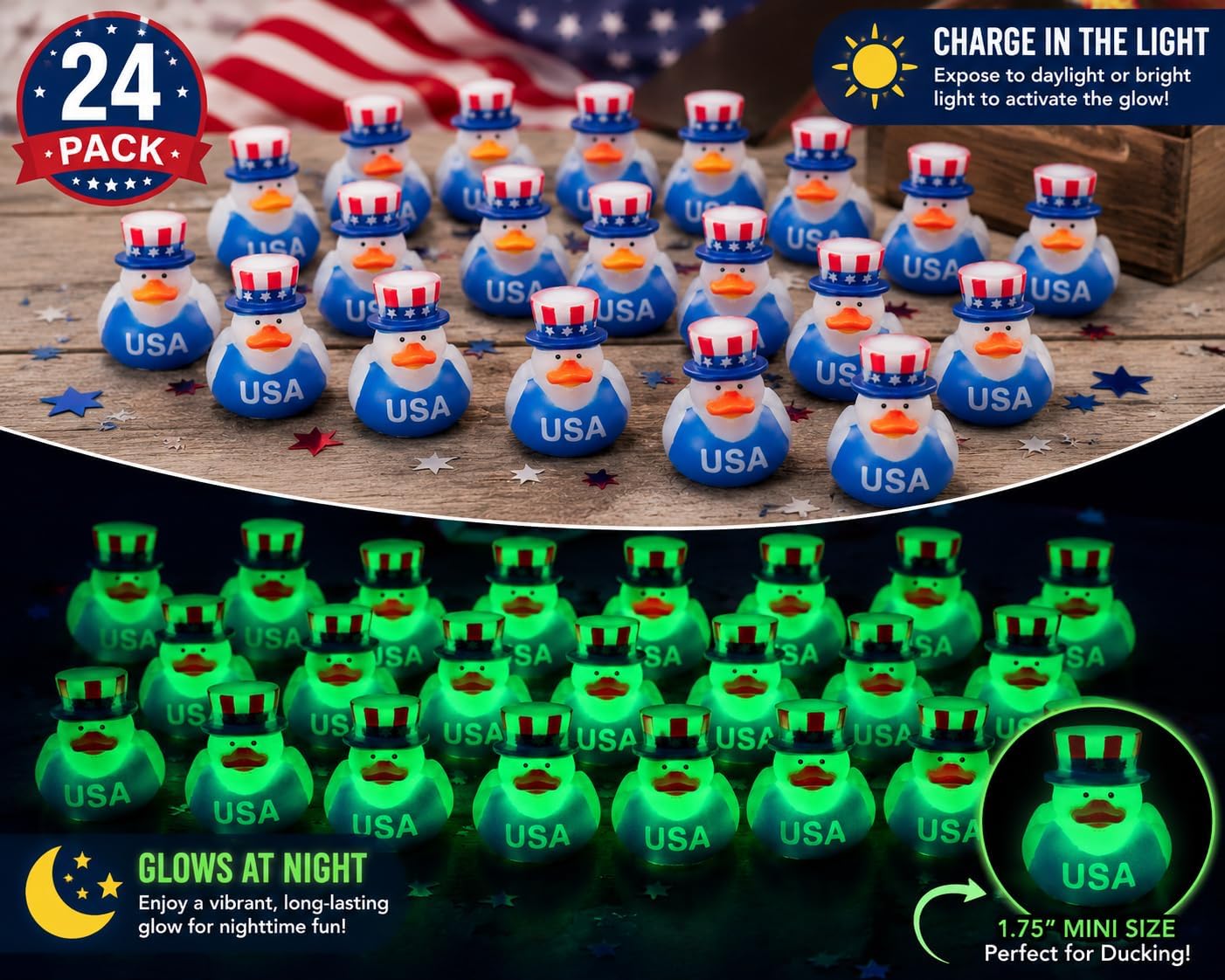 Fun Express Glow in the Dark Patriotic Rubber Ducks (24 Pack) – Mini 1.75" Fourth of July Duckies for Jeep Ducking, Independence Day Party Favors, Memorial Day Decorations & Kids Bath Toys
