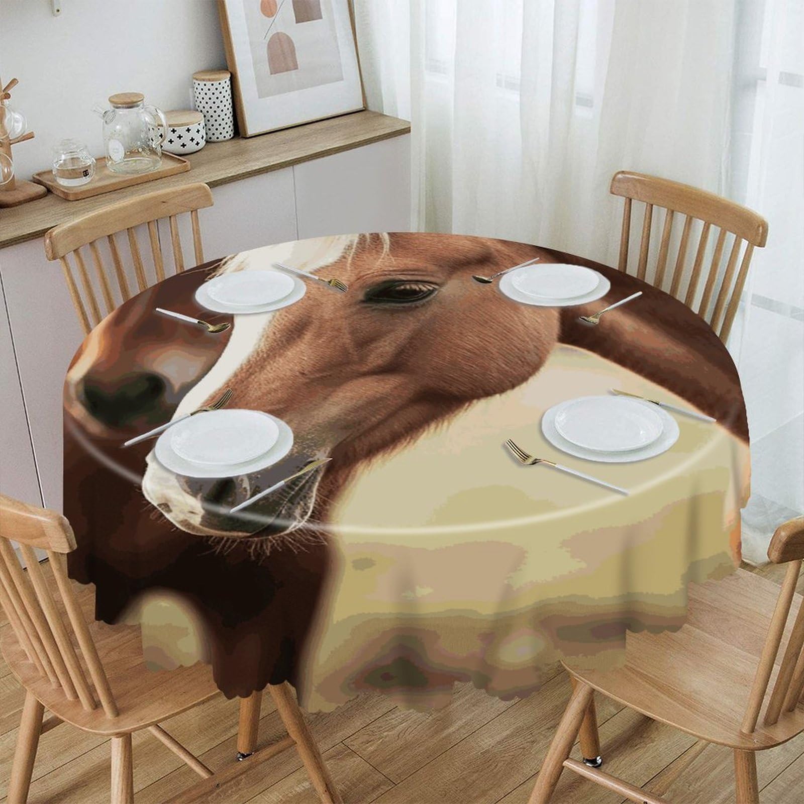 VstaDank Adorable Horse Round Tablecloth 60 Inch Easy to Clean Circle Table Cover Thick Decorative Round Polyester Table Cloth for Dining Kitchen Party Farmhouse Outdoor