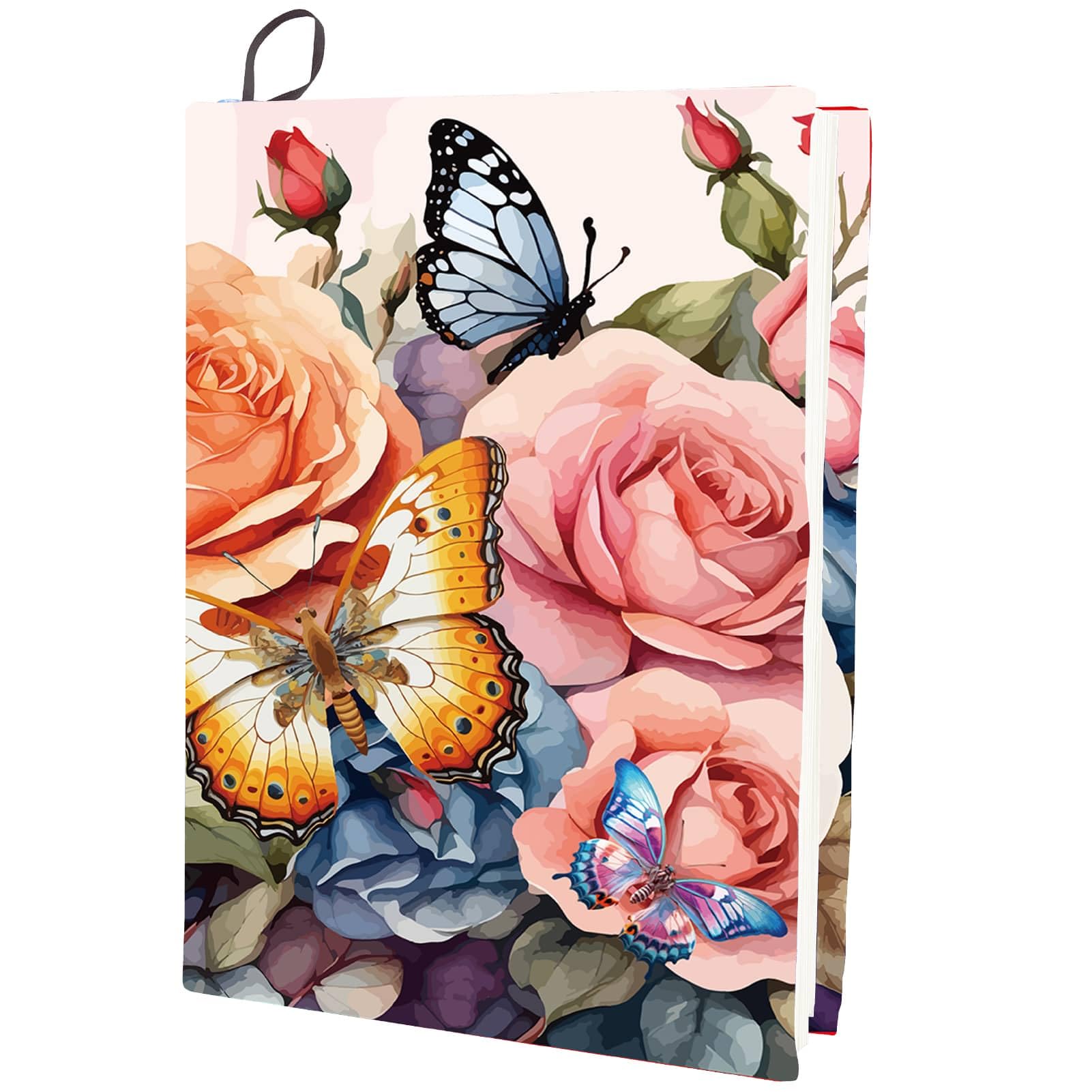 Couverture De Livre Extensible Lavable – Motif Fleur Papillon Rétro – Pour Livres Jusqu’à 9 X 11 Pouces (environ 23 X 28 Cm)