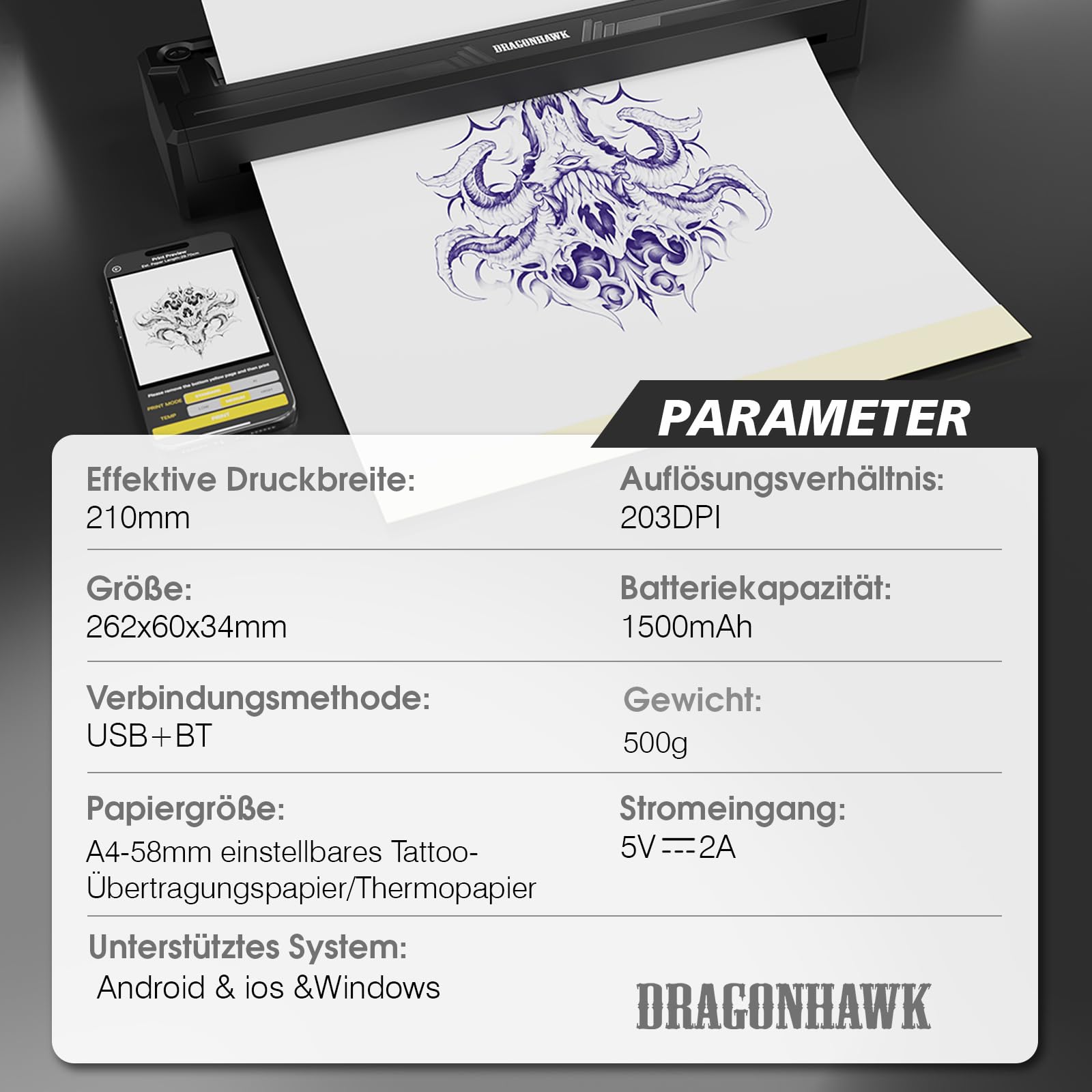 Dragonhawk Tattoo Schablonen Drucker Kabelloser Bluetooth für Smartphone & PC, tragbarer Thermodrucker, kompatibel mit Android, iOS, macOS, Windows – ideal für Anfänger & Profis