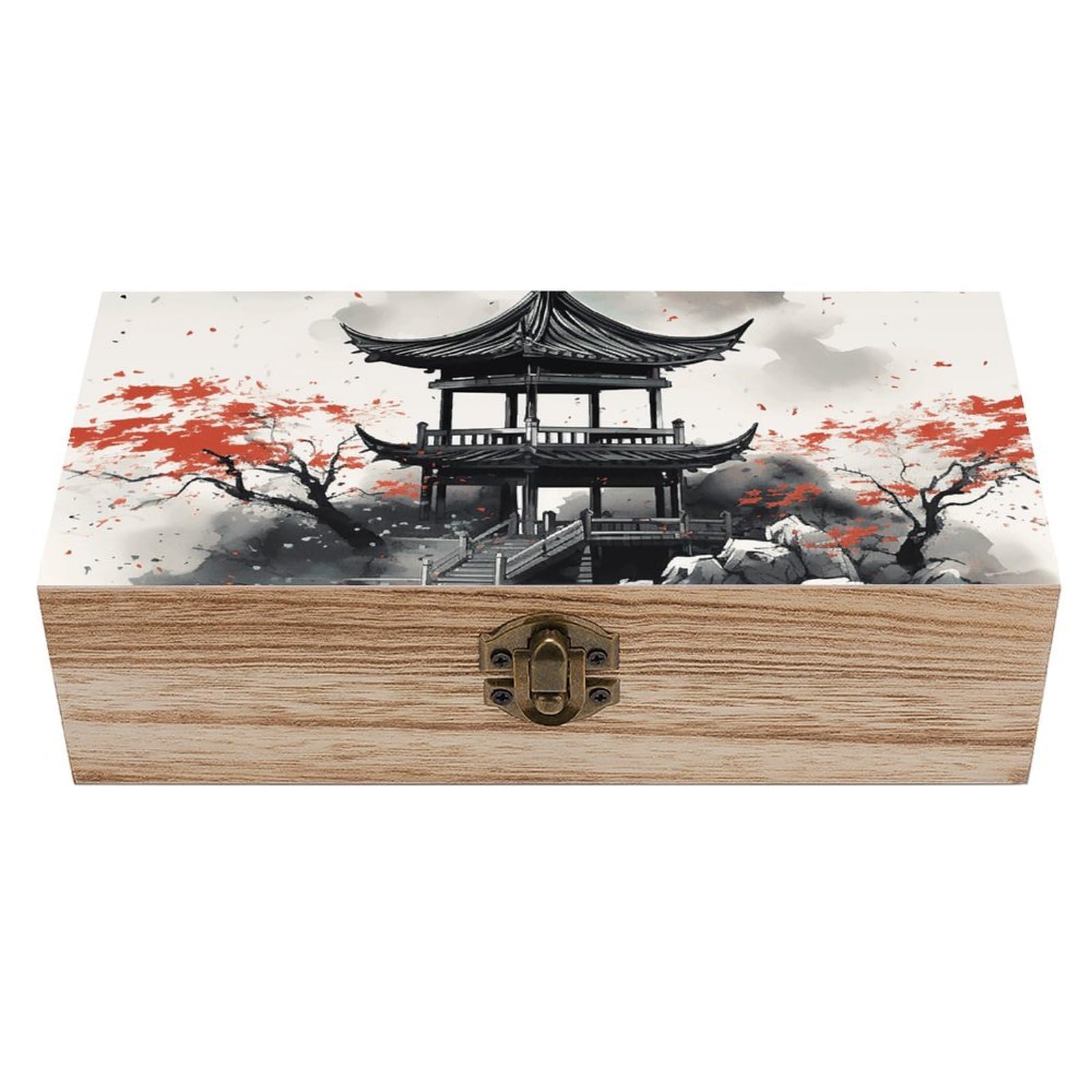 FekiLoot Chinese Ink Painting Wooden Keepsake Box Decorative Wood Storage Organizer with Hinged Lid Large Handmade Boxes Wedding Memory Treasure Box for Jewelry Photos Stamps Crafts